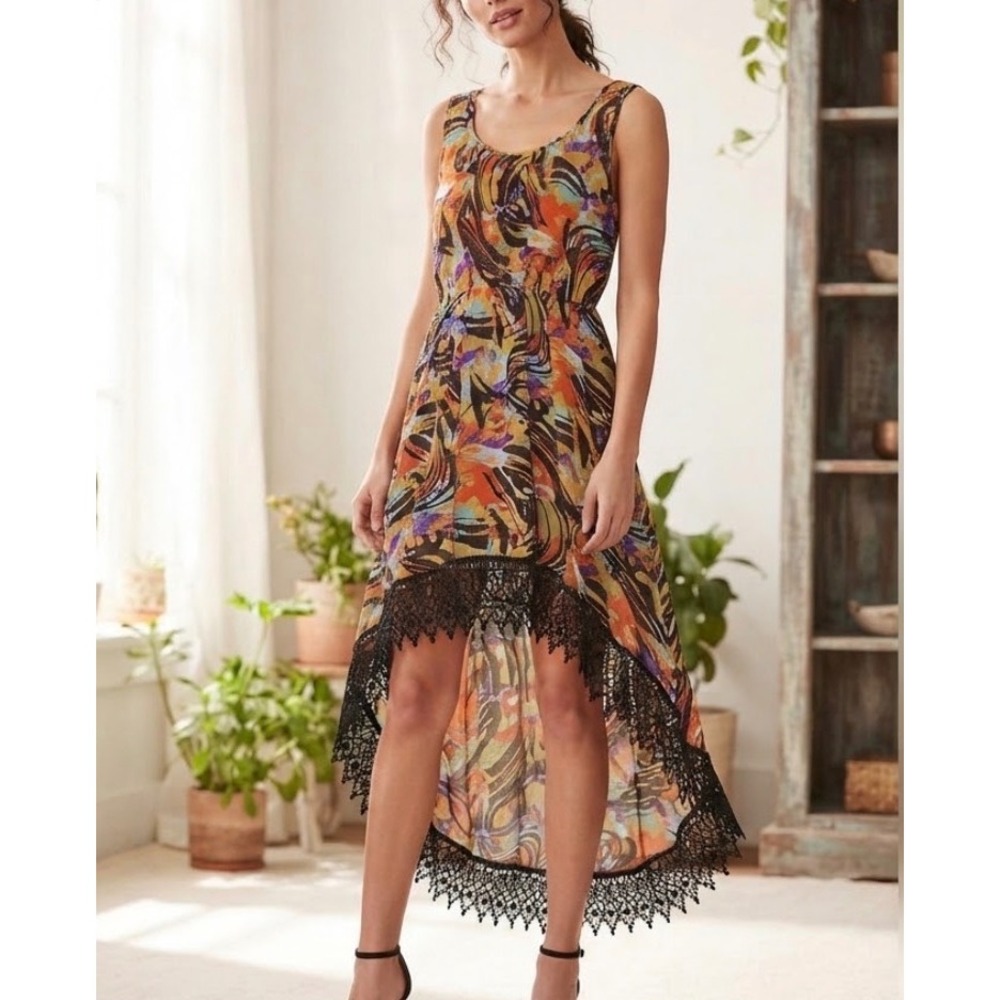 Poetry Womens Abstract High Low Lace Trim Dress Orange Blue Size M 5561G1